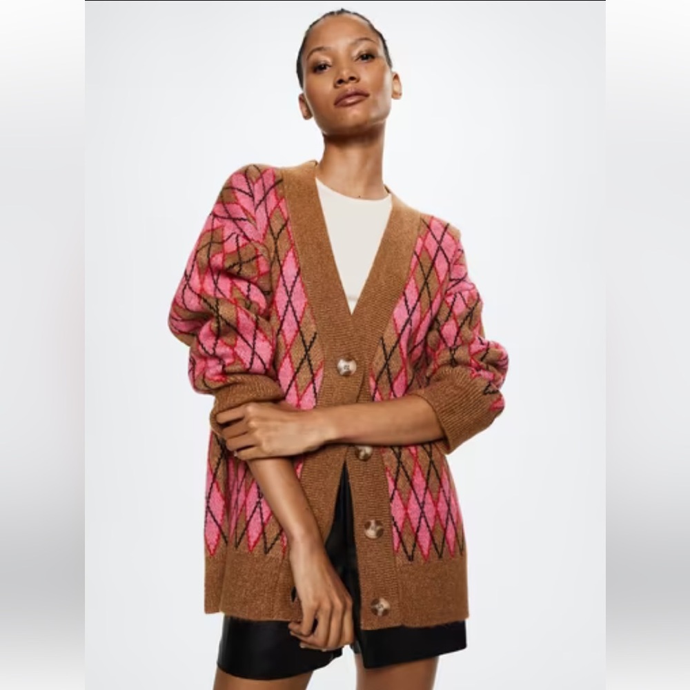MANGO Argyle Cardigan Wool Brown Pink NWT